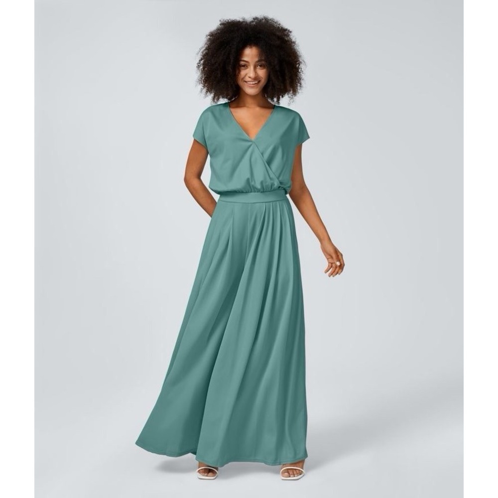Halara V Neck Short Sleeve Side Pocket Wide Leg Flowy Waffle Jumpsuit Size Large